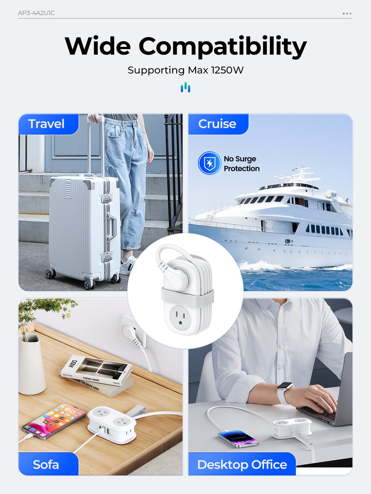 Travel power strip with multiple outlets and USB ports. - Image 4