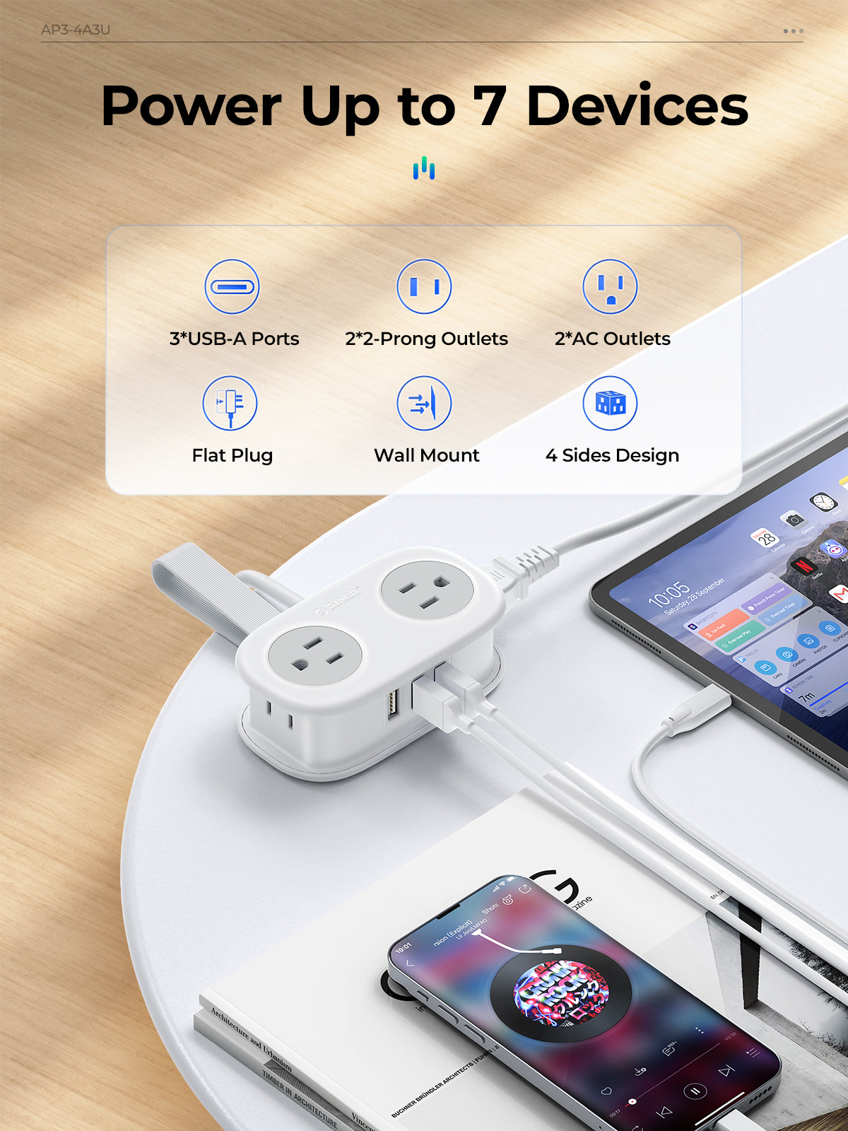 Travel power strip with multiple outlets and USB ports. - Image 5